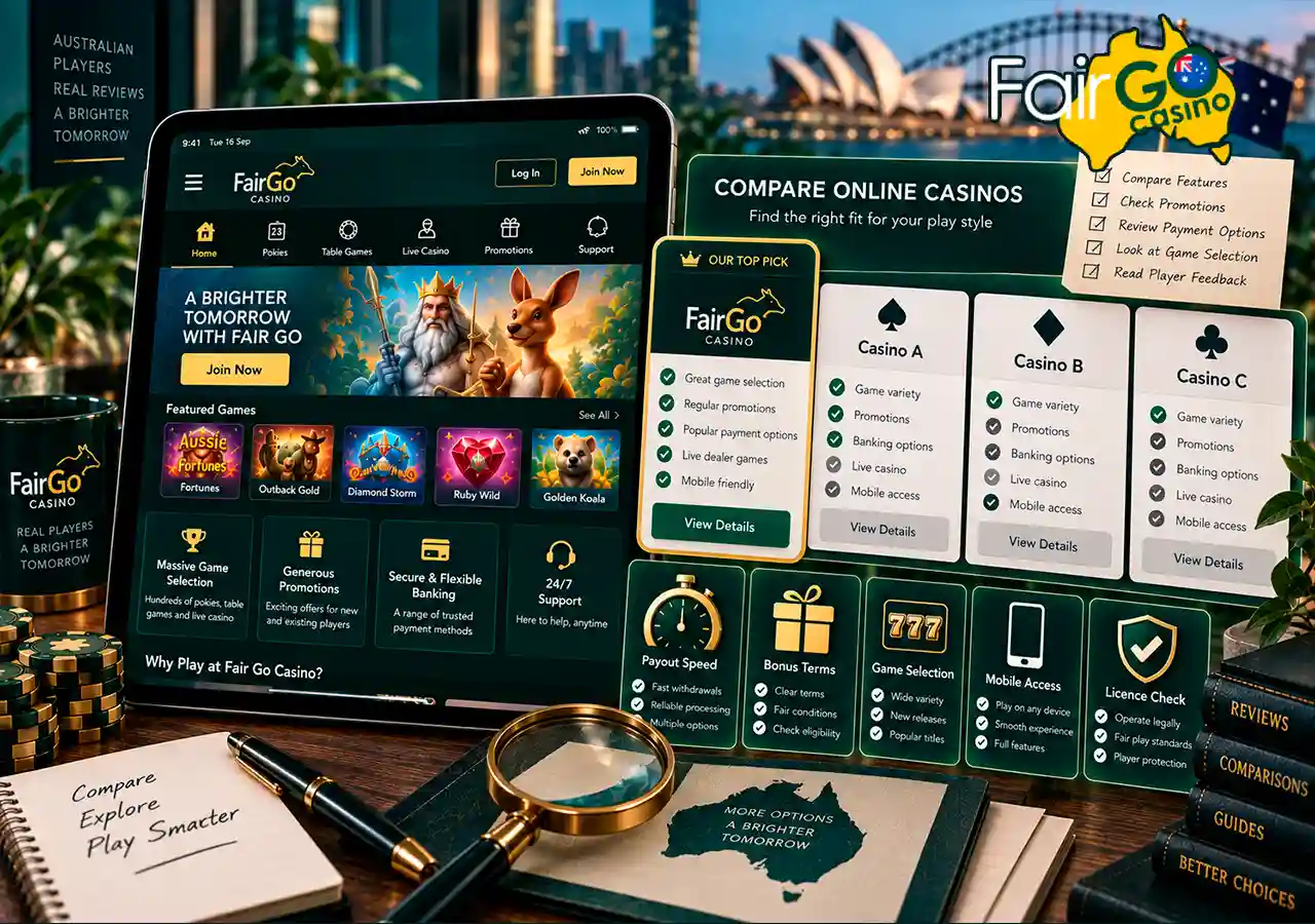 Casino on tablet with comparison cards for payouts, bonuses, games and licensing checks.