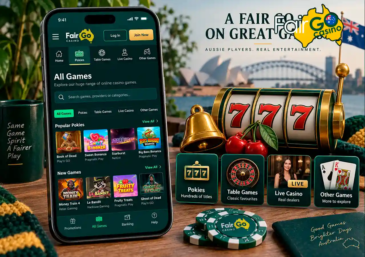 Games lobby on mobile with pokies, roulette, card games and live dealer categories.